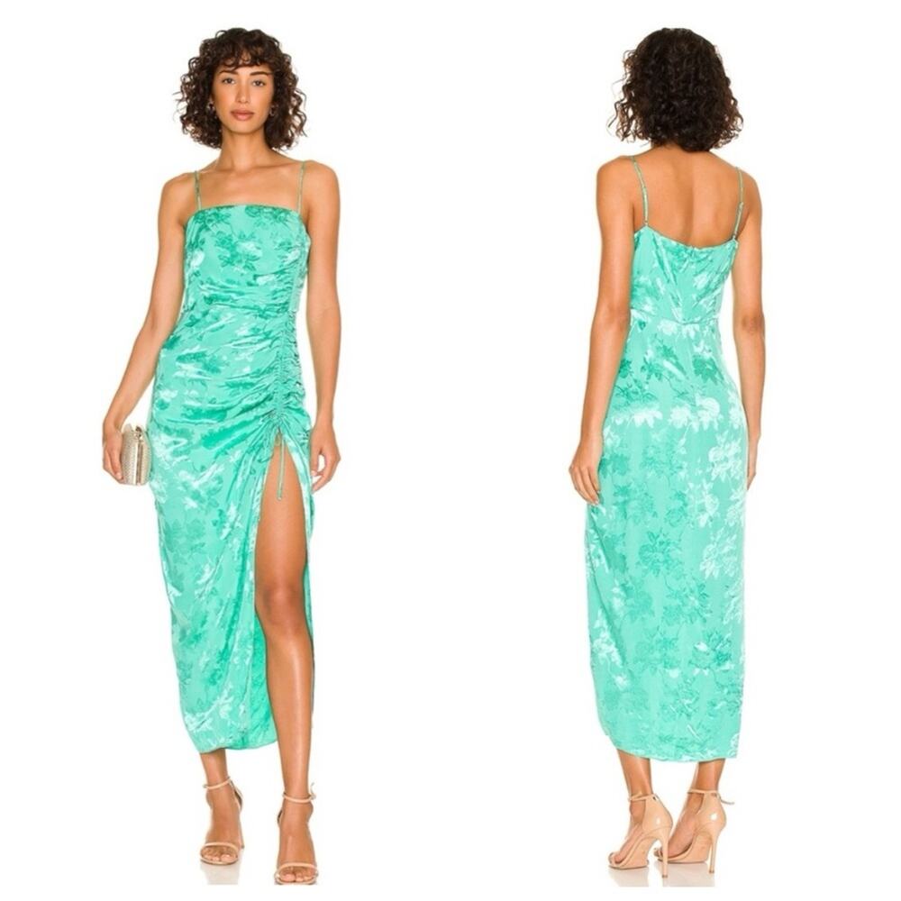 Saylor Gardenia Floral Satin Jacquard Ruched Side Slit Maxi Dress Seafoam M